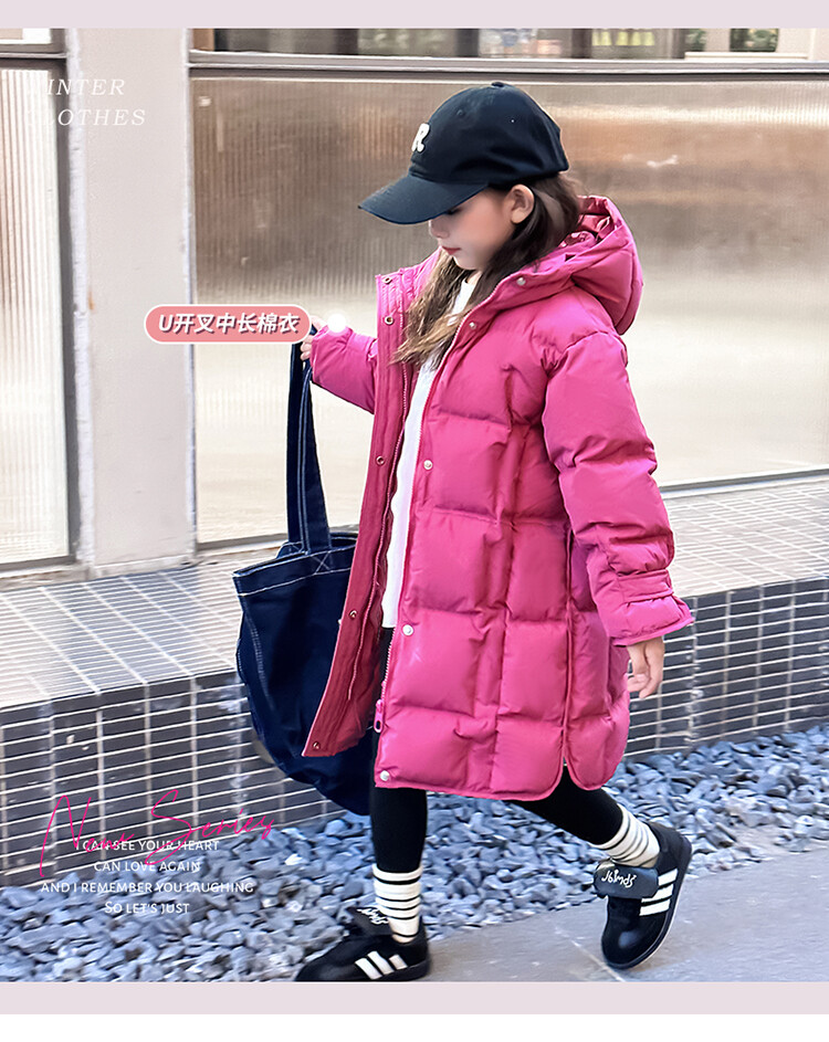 女童冬季洋气棉服中大童保暖棉衣外套小女孩中长款冬装连帽加厚棉