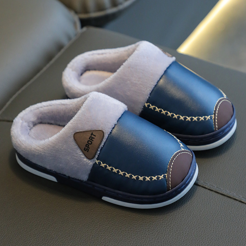 亲子儿童棉拖鞋女冬季pu皮防水加绒厚保暖防滑男大中小宝宝室外