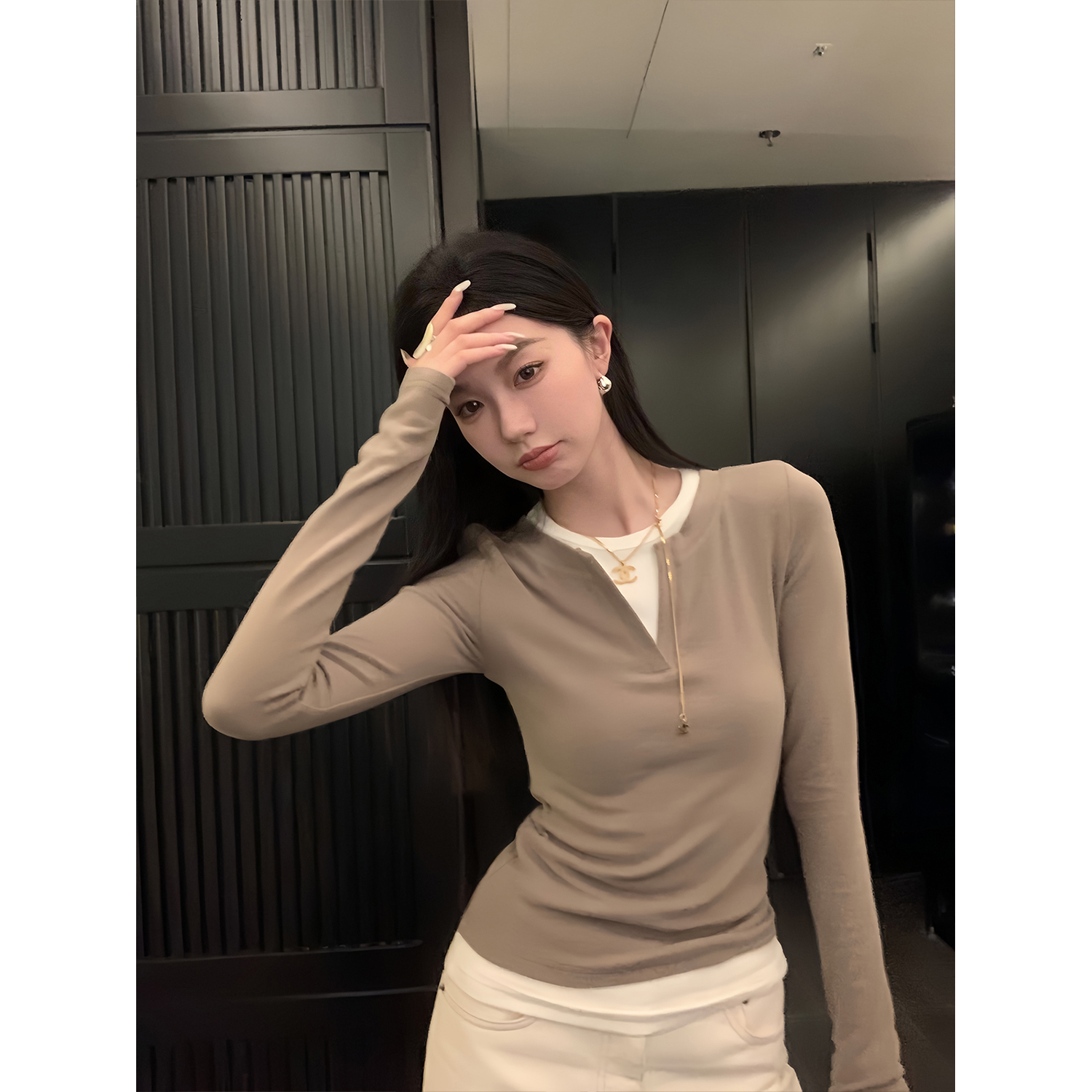 区区欧阳招牌叠穿 时髦精假两件长袖T恤女冬季加绒加厚修身显瘦