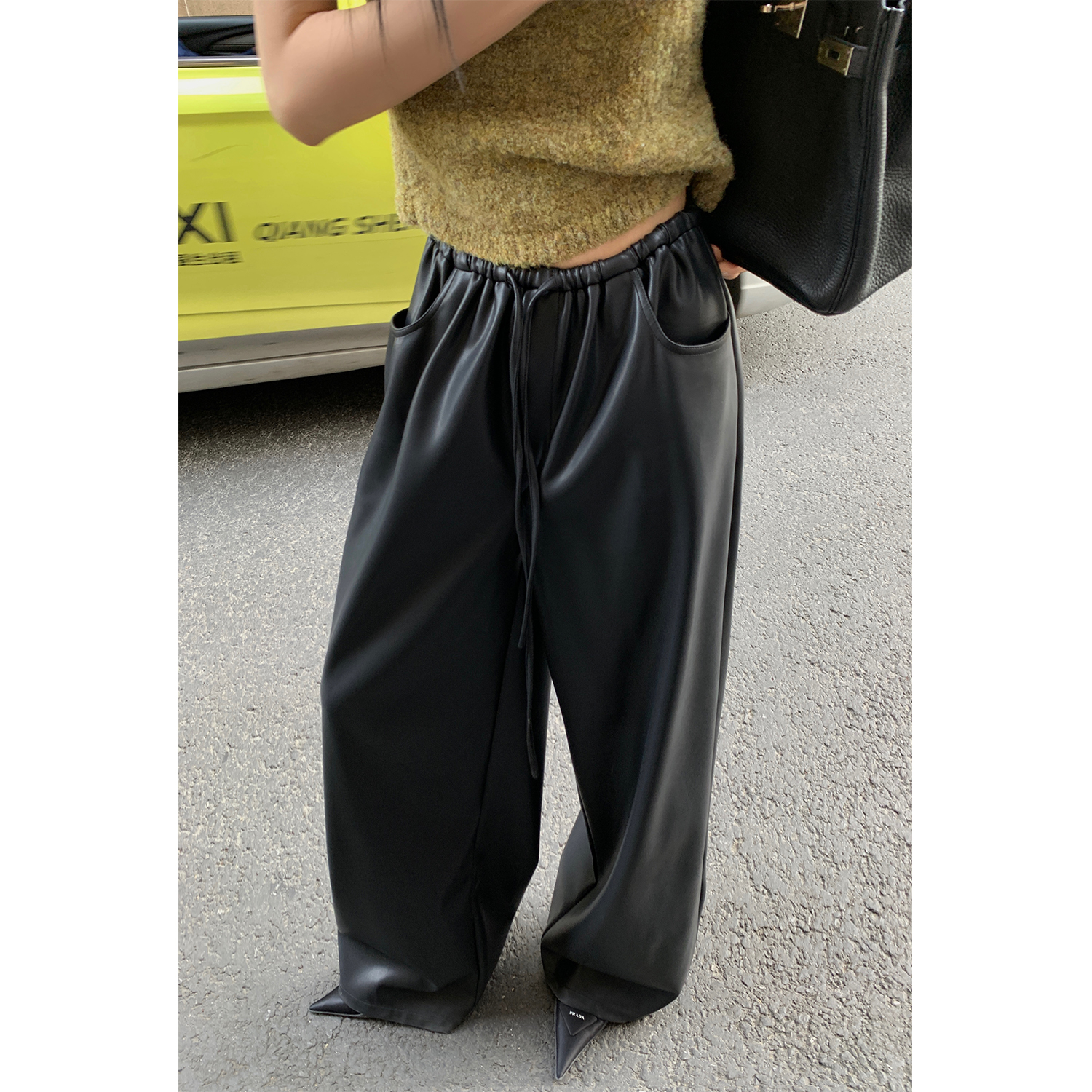 区区欧阳 黑色磨毛休闲裤女冬季加厚宽松直筒阔腿裤拖地裤子显瘦