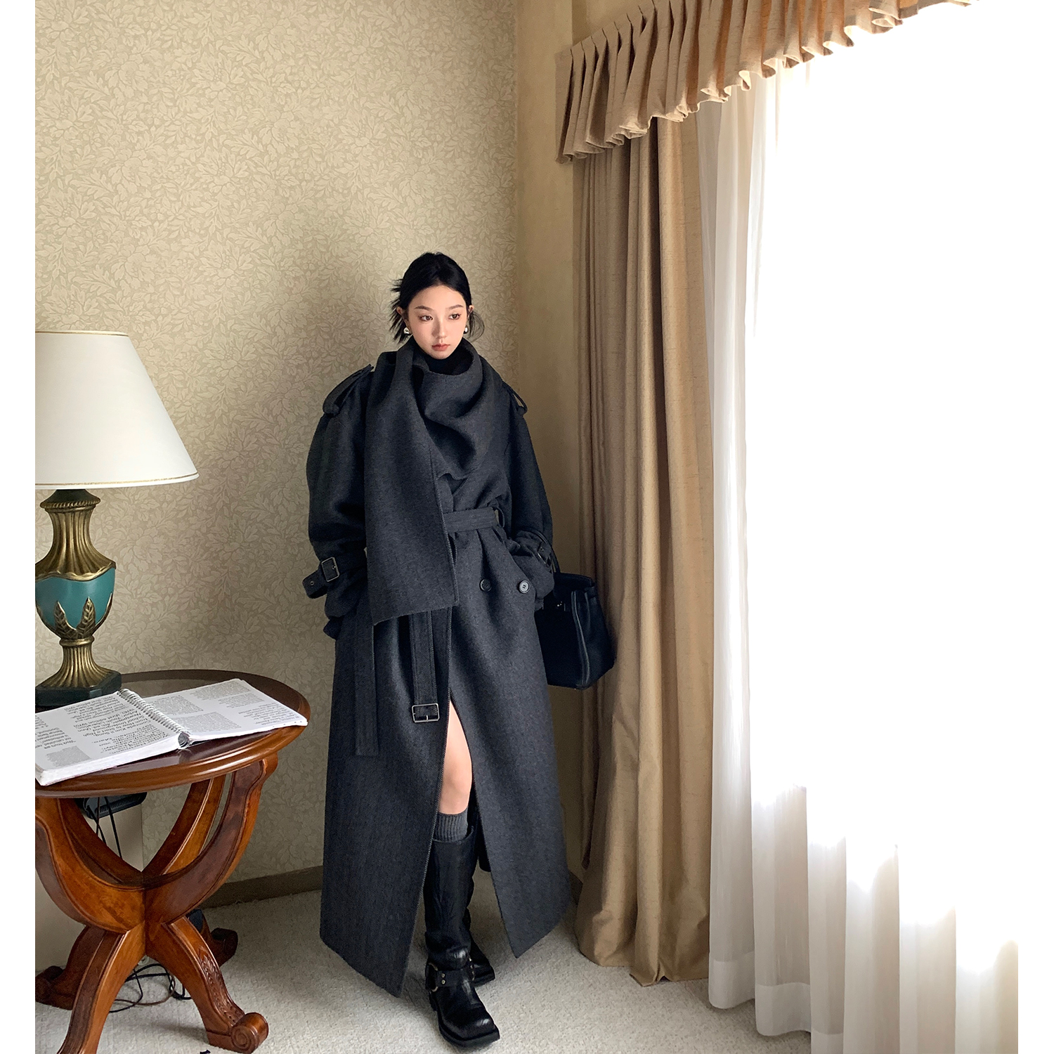 区区欧阳大围脖人字纹毛呢大衣女冬季加厚复古中长款羊毛呢子外套