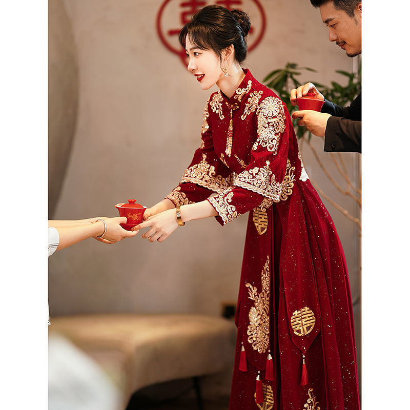 新款高档中式敬酒服新娘结婚订婚回门长款立领小个子宴会显瘦秋冬