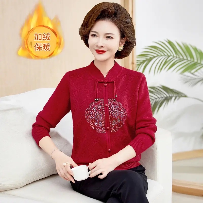 妈妈装加绒加厚一体绒毛衣中老年女秋冬洋气保暖打底衫新中式上衣