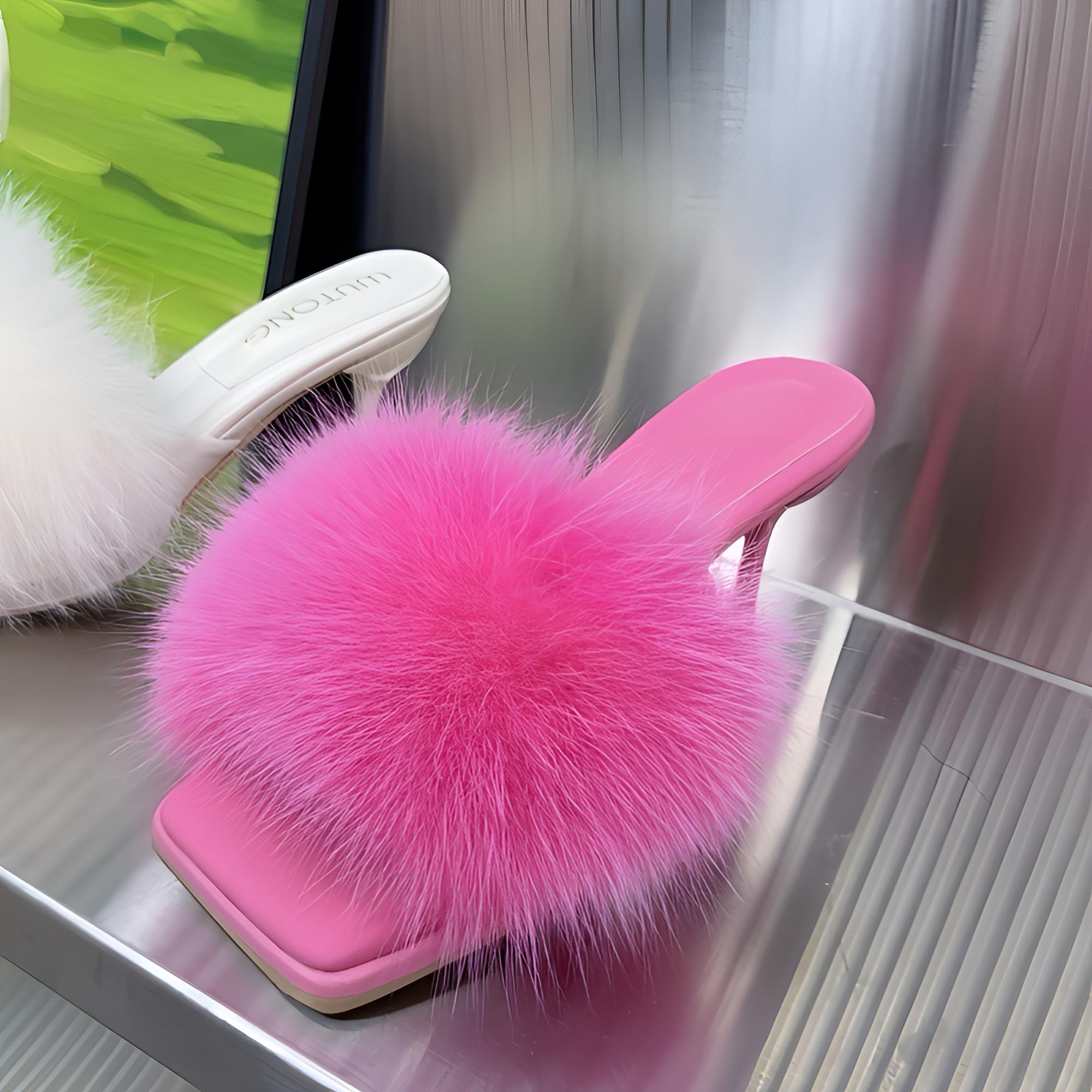 狐狸毛拖鞋法式高跟鞋毛毛女鞋子外穿2024夏季仙女风白色凉拖凉鞋