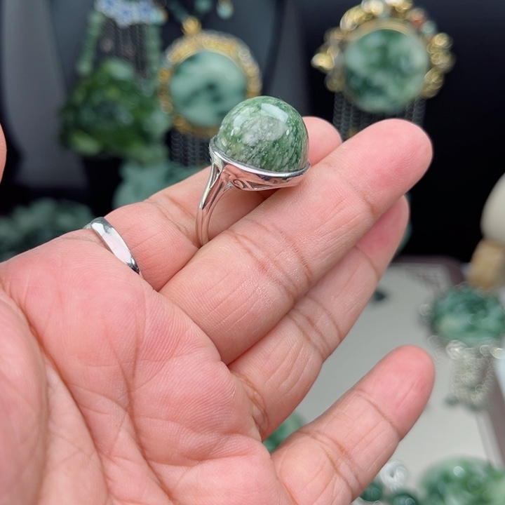 透闪石-蛇纹石玉戒指银S925镶嵌