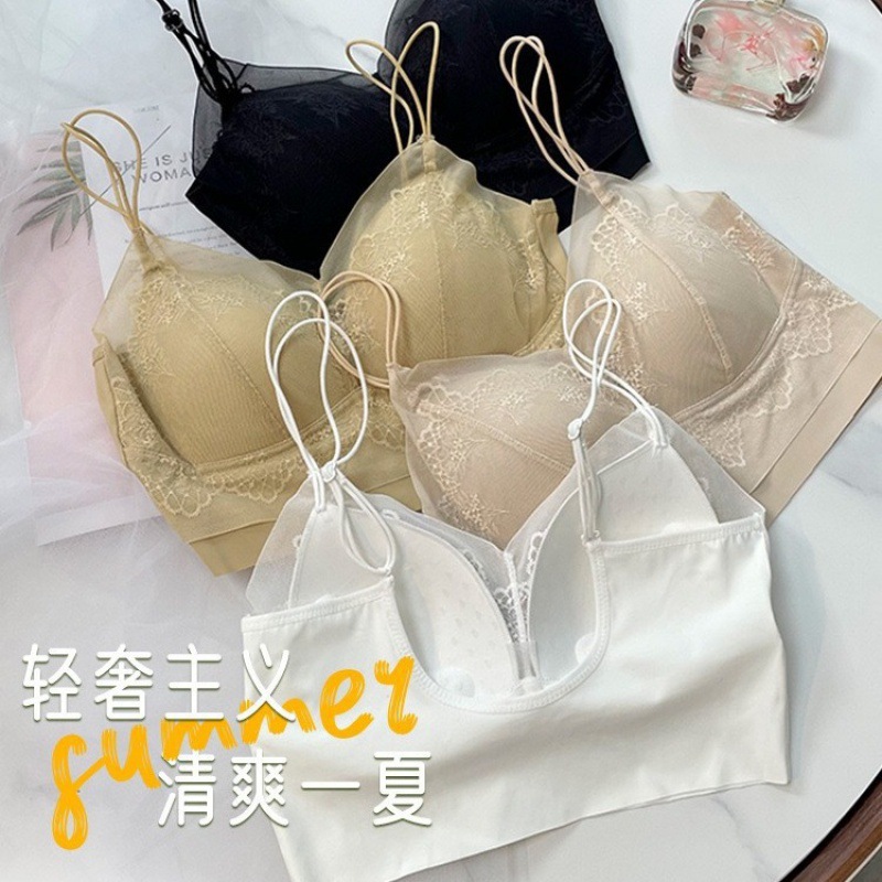 法式蕾丝美背吊带新款冰丝聚拢舒适无钢圈背心透气吸汗文胸防走光
