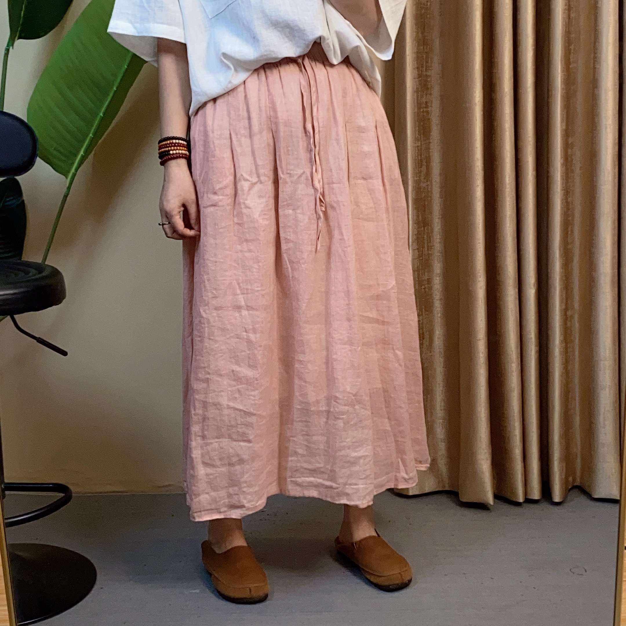 芳姐新款苎麻提花静色文艺风休闲百褶时尚双层松紧腰宽松半身裙