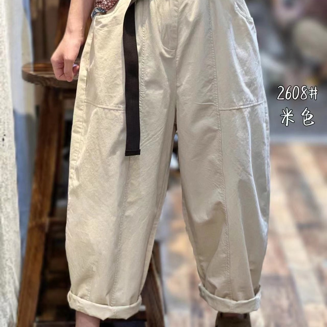 芳姐2608新款休闲宽松时尚百搭纯色春夏腰带阔腿显瘦长裤