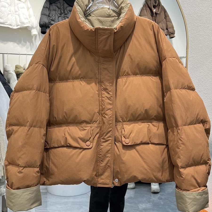 2023冬季新款韩版立领加厚羽绒服女短款撞色拼接洋气白鸭绒外套潮