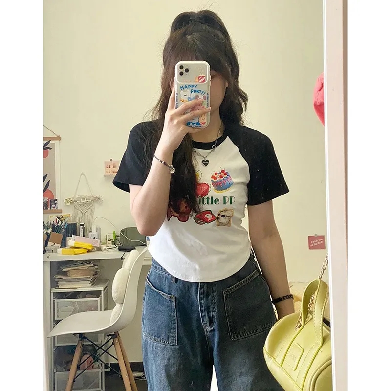 美式大码胖MM遮肚子短袖T恤女2023新款不规则设计感辣妹修身上衣