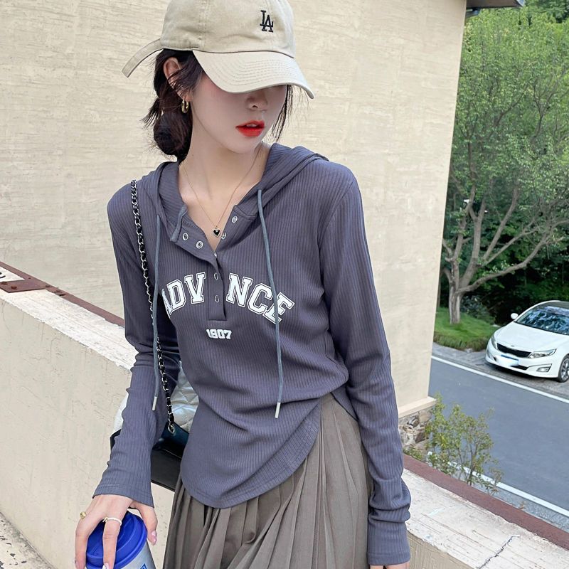 大码女装胖mm纯棉新款t恤女遮肉显瘦修身正肩连帽长袖上衣女ins潮