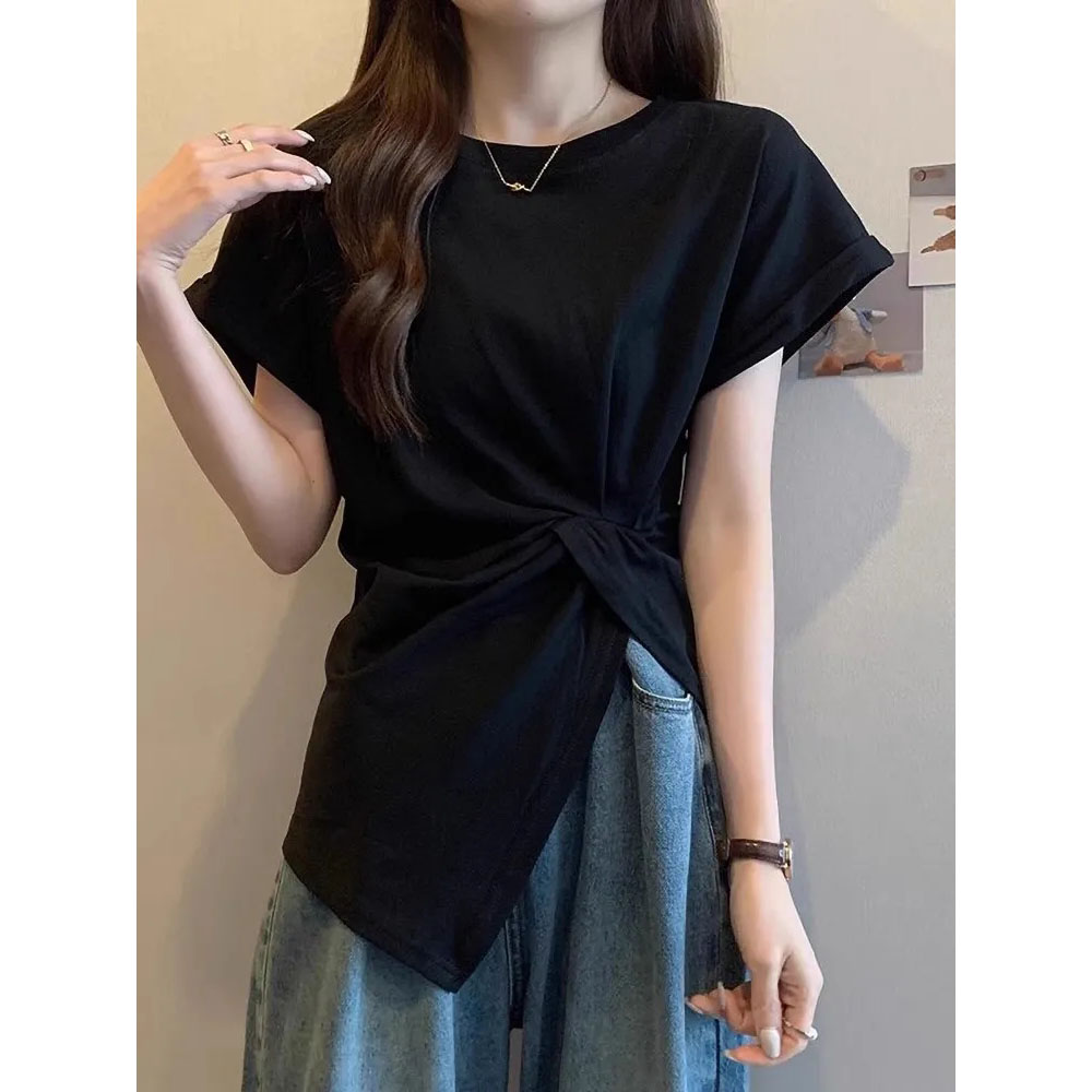 大码胖mm夏季设计感小众不规则短袖T恤女装显瘦正肩纯色上衣ins潮