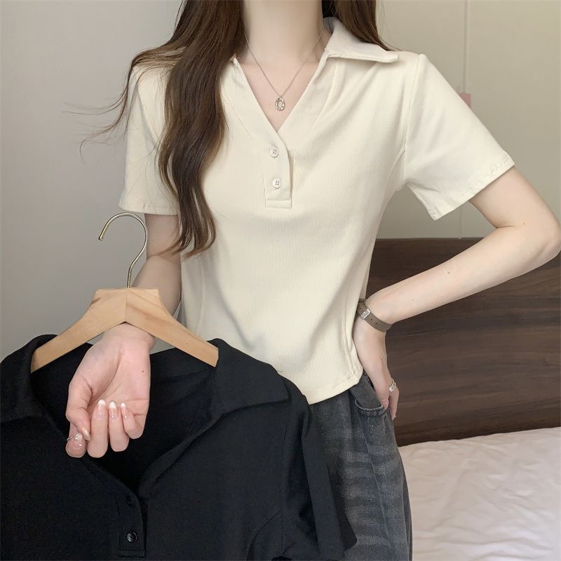 纯棉大码女装胖MM百搭减龄T恤女简约Polo领短款修身显瘦短袖上衣