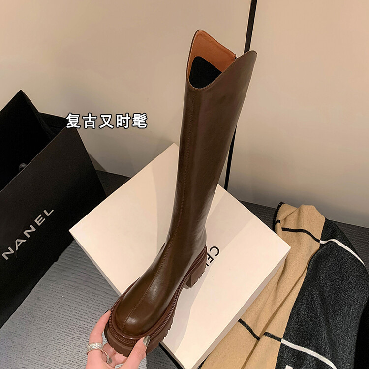 牛皮~跟5cm/V口厚底/长筒靴女真皮小个子显瘦高筒靴百搭骑士靴子