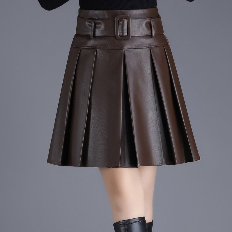 显瘦半身裙女秋冬百褶裙PU皮裙大码新款高腰短裙洋气时尚大摆裙子