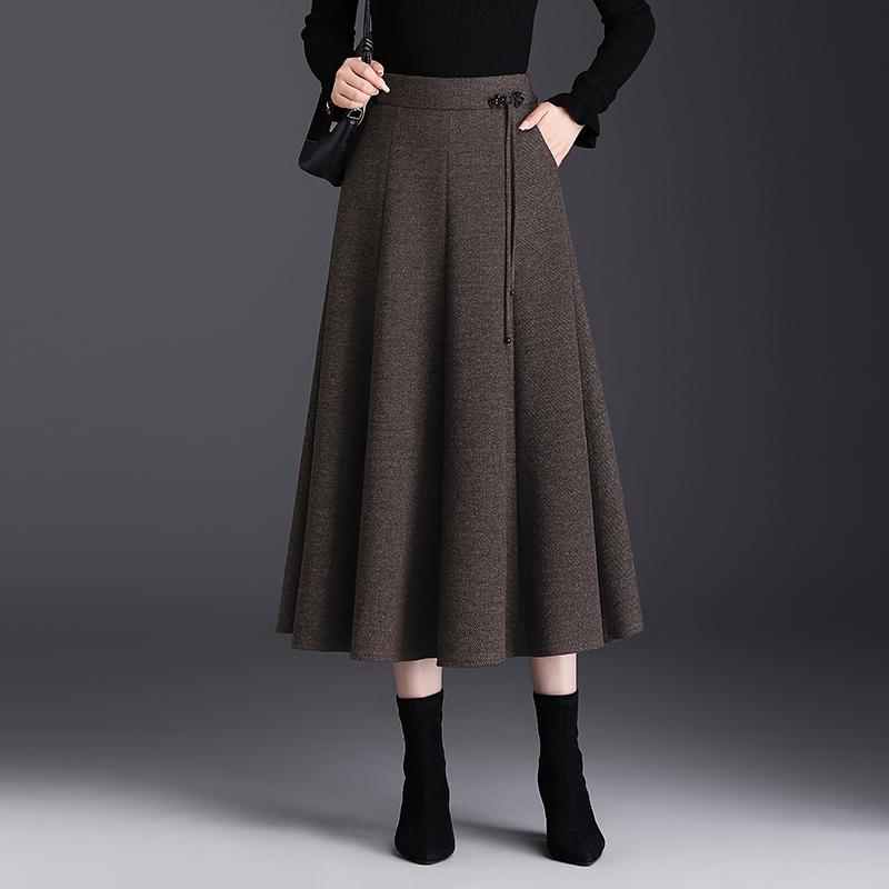 盘扣毛呢八片裙子半身裙女秋冬新款高腰显瘦中长a字裙大摆裙