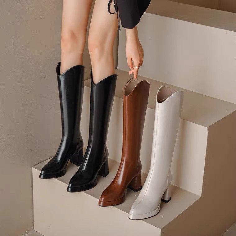时尚高跟骑士靴女不过膝长靴秋冬新款尖头粗跟瘦腿长筒靴百搭显瘦