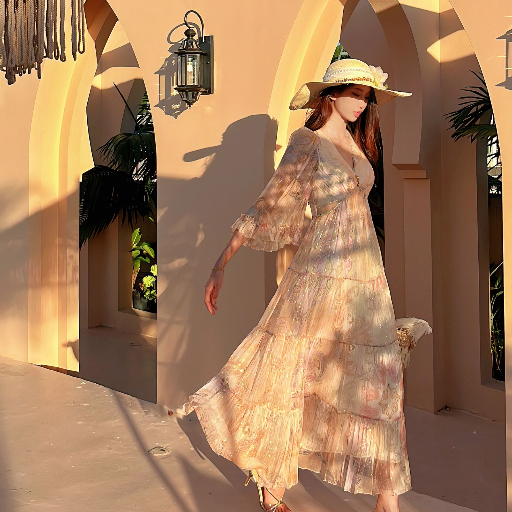 【高高甄选】YINGCHOI 两色桑蚕丝V领半袖连衣裙32195