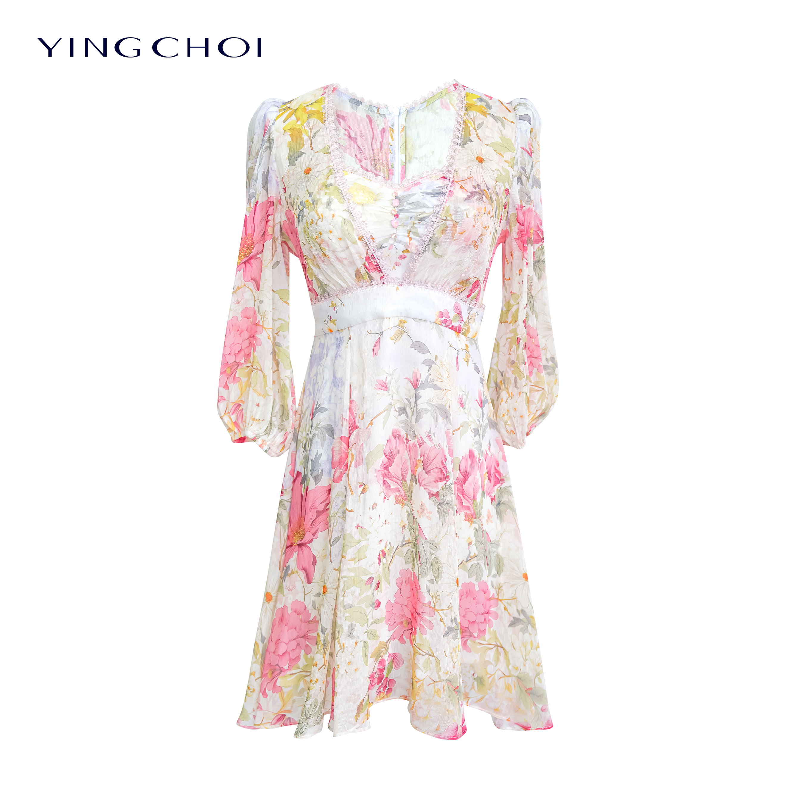 【彭彭echo专属】YINGCHOI 粉色丝麻印花灯笼袖短款连衣裙 32306