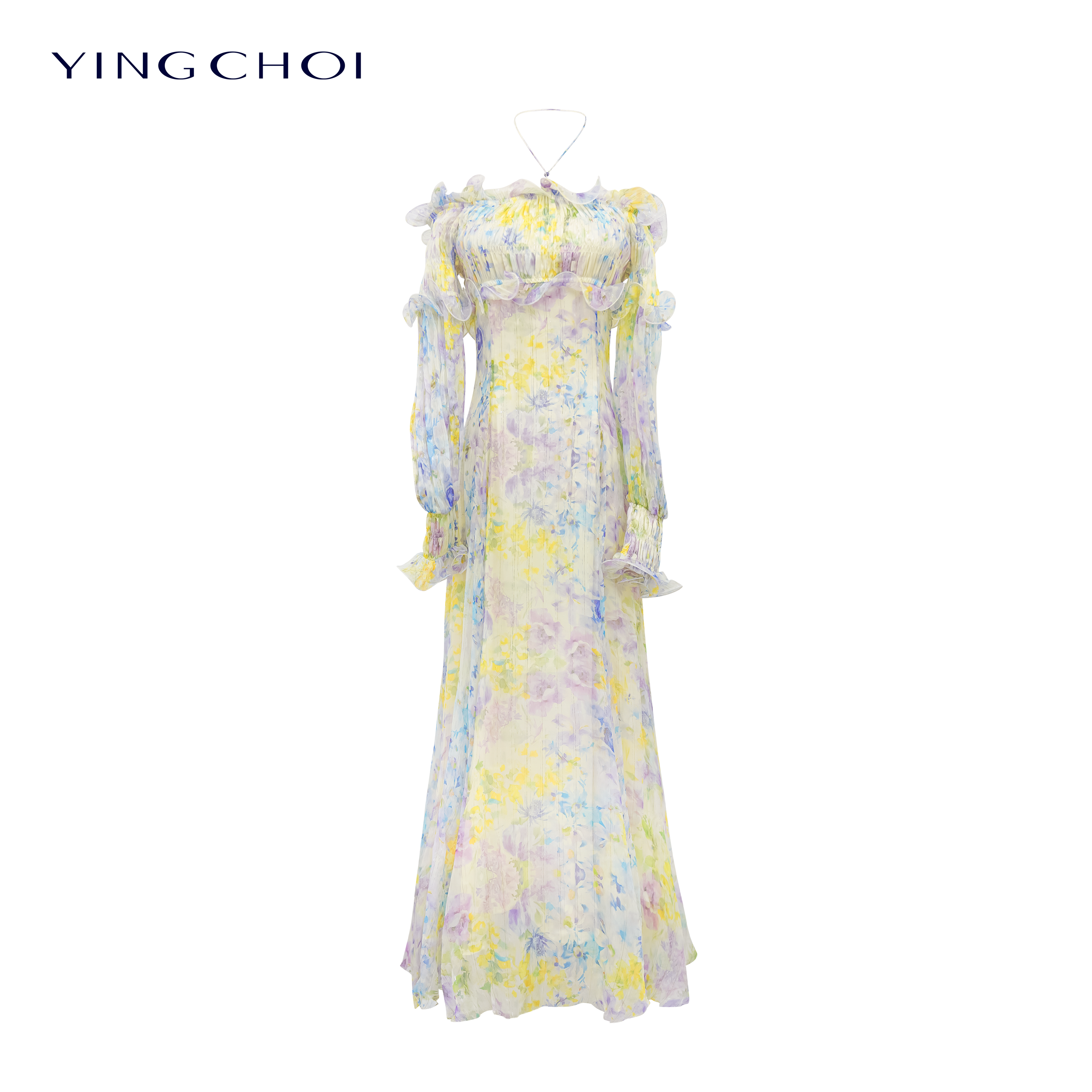【彭彭echo专属】YINGCHOI 四色桑蚕丝一字肩长袖连衣裙 32166