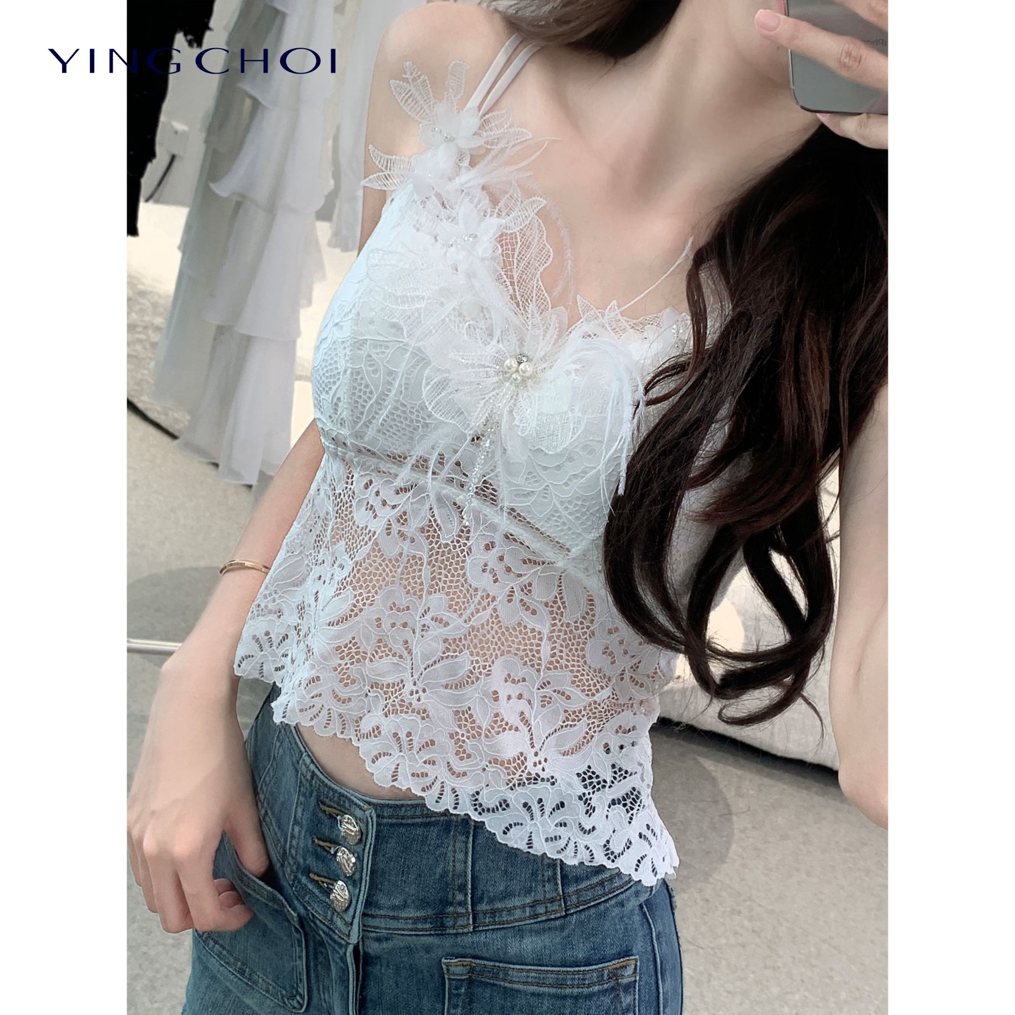 YINGCHOI 鸵鸟毛手工绣花钉钻重工吊带 YCKST21751D