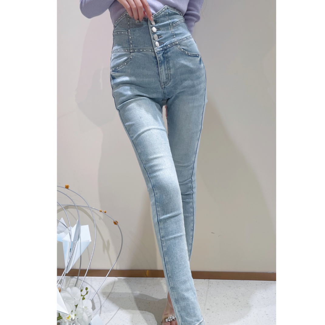 【元旦活动】高腰烫钻不加绒/牛仔裤修身小脚41005/41008