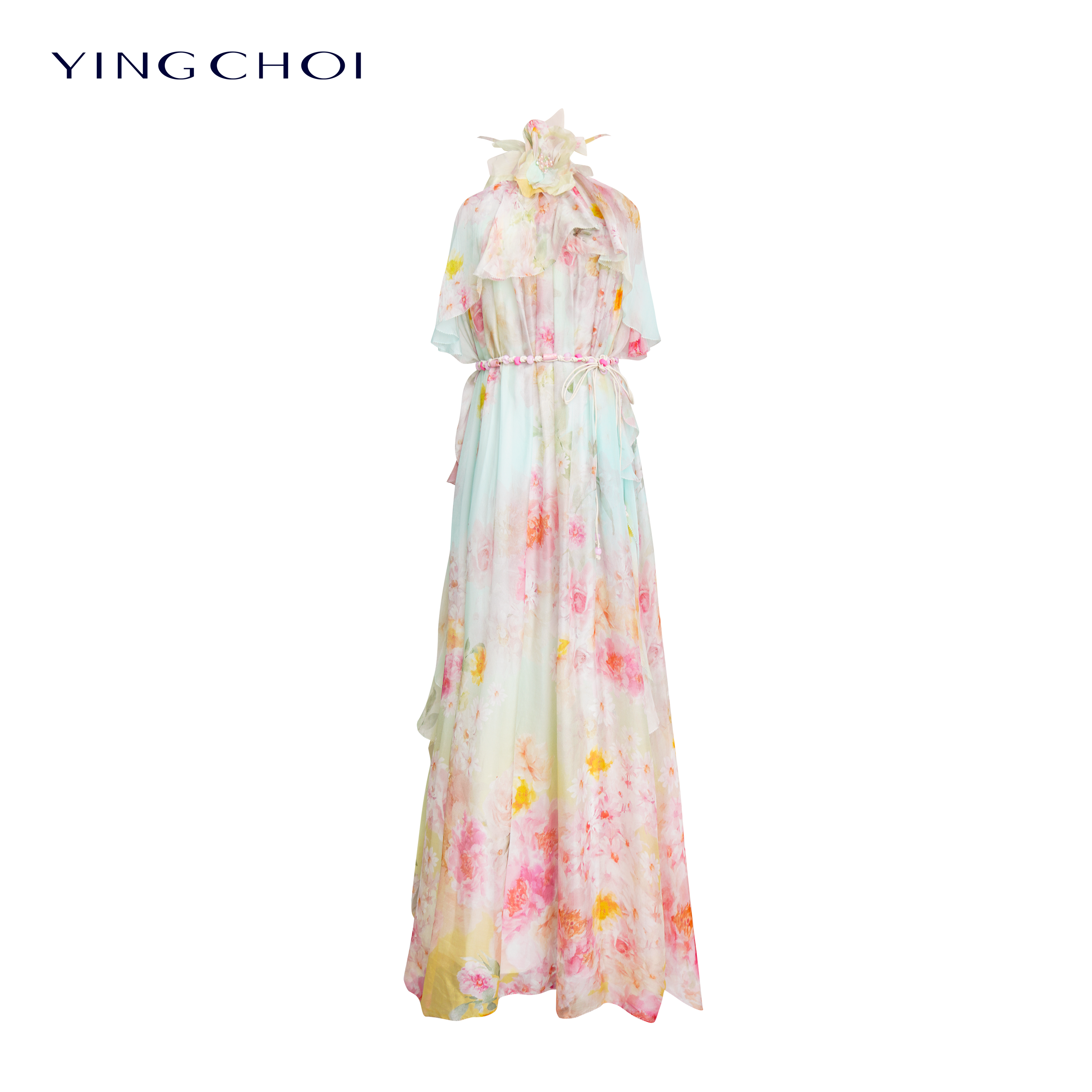 【彭彭echo专属】YINGCHOI 粉绿渐变桑蚕丝印花吊带连衣裙31980