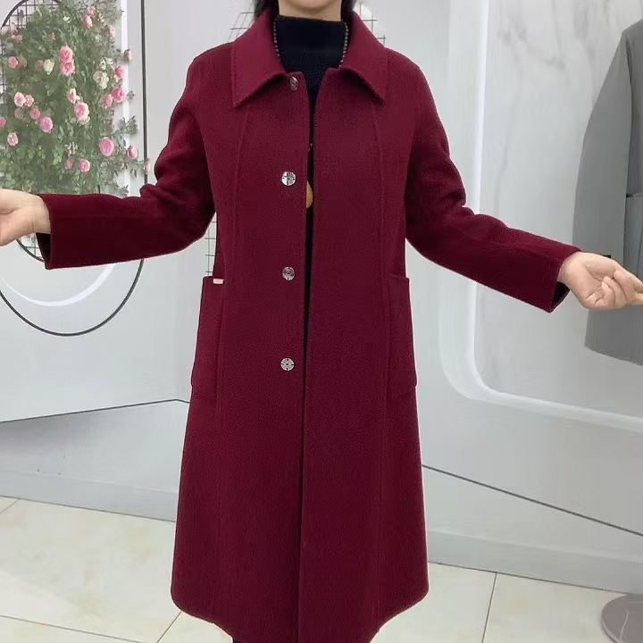 安可拉红色气质双面秋冬羊毛大衣娃娃领宽松显瘦羊毛大衣外套