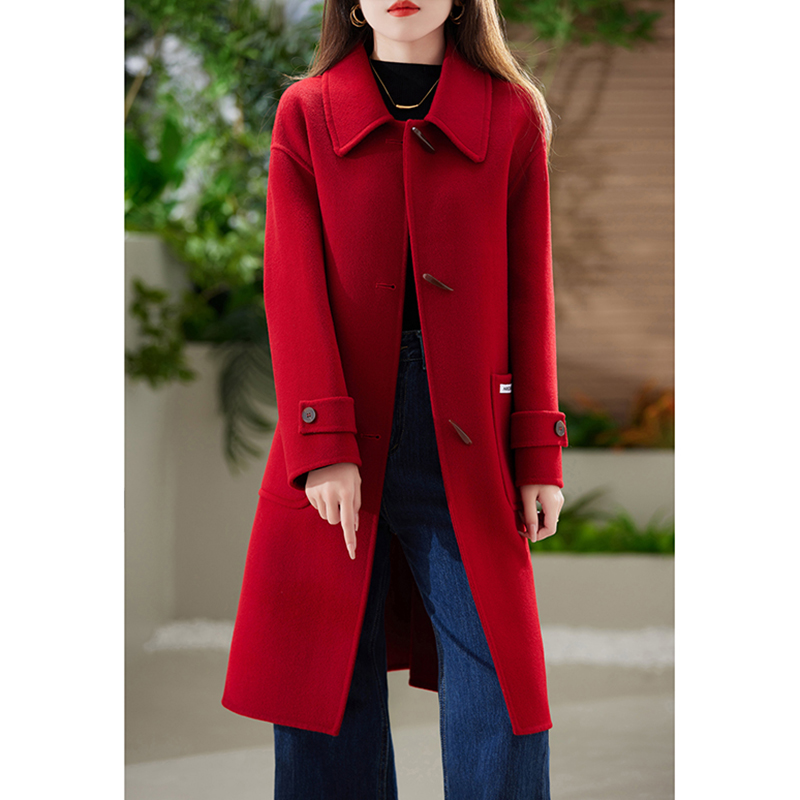 秋冬双面羊毛大衣中长款翻领纯色气质毛呢外套休闲宽松羊毛外套