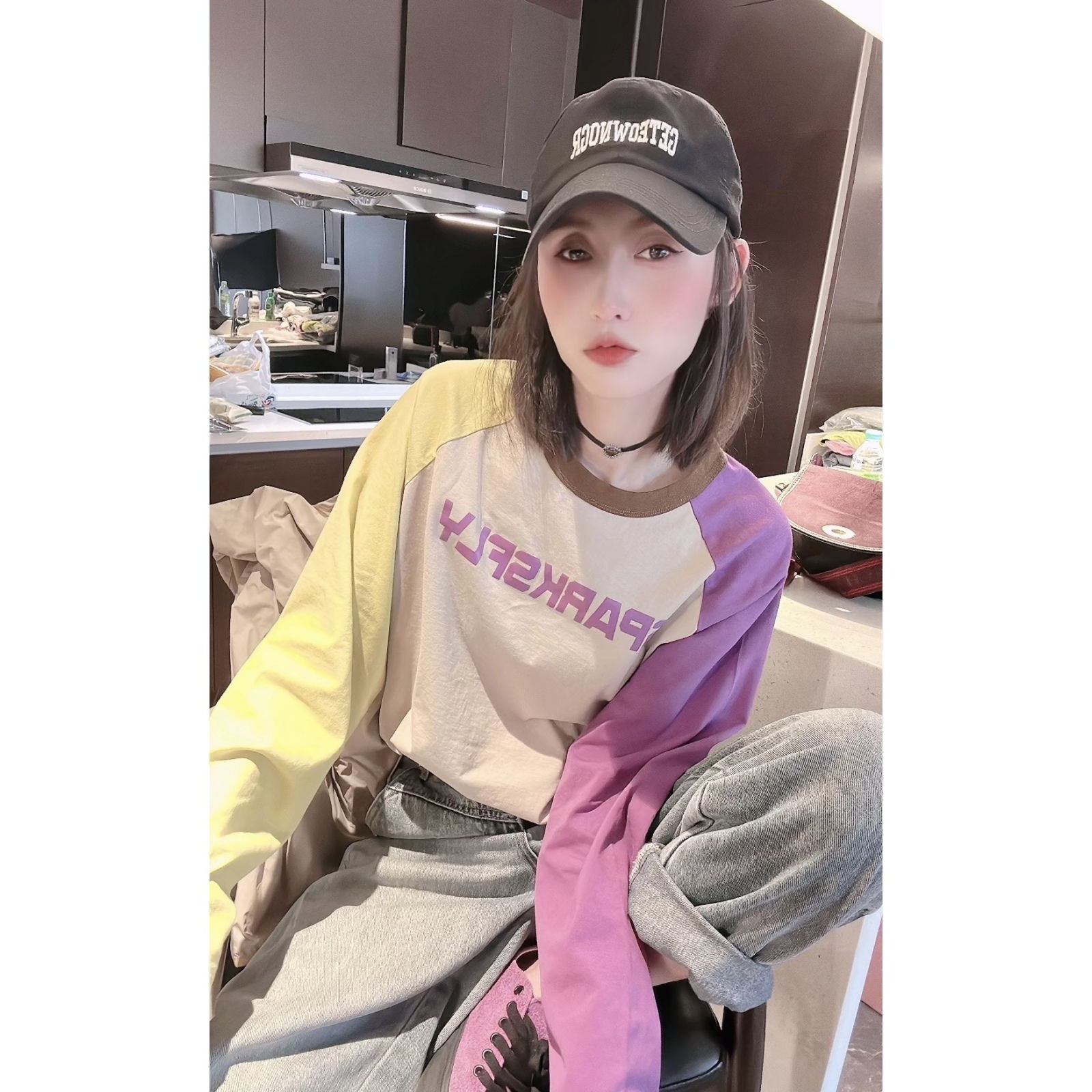 欧洲设计感休闲站特大码300斤字母韩版小众秋季T恤宽松时尚百搭