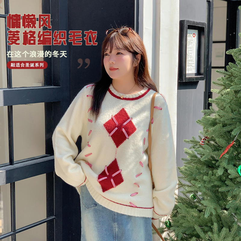 【涵胖胖推荐】 清韩版百搭显气质慵懒风菱格编织毛衣-F202