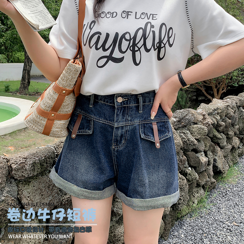 【霏霏专属】高腰夏季外穿皮标显瘦卷边A字工装牛仔热裤-ST1663