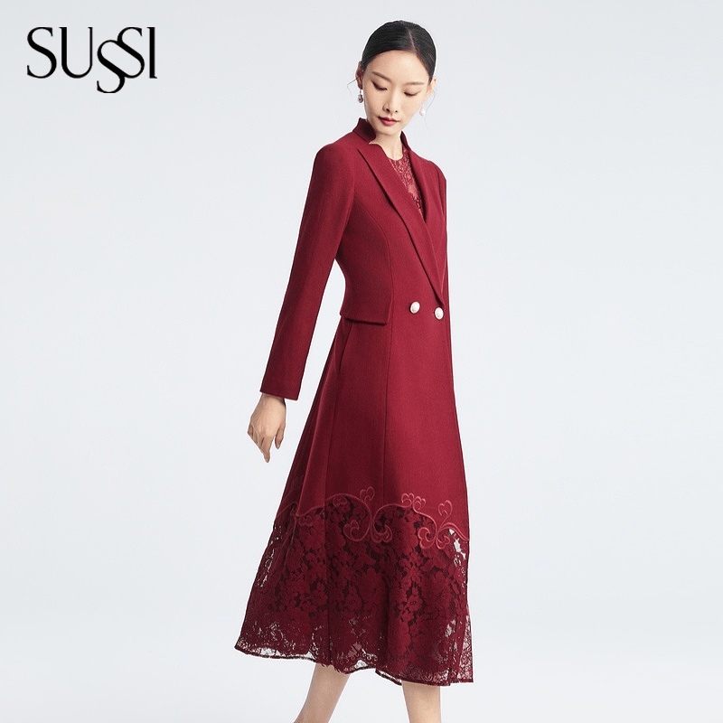 SUSSI/古色24冬季新品商场同款酒红色红装喜婆婆高级感羊毛大衣女