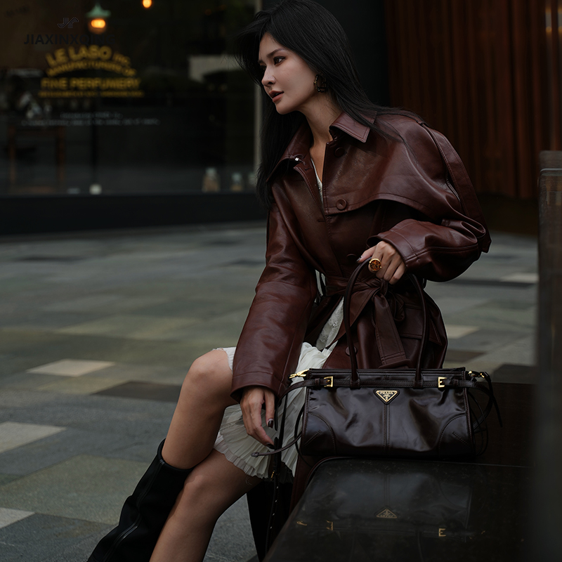 JIAXINXQING小众解放分割廓形PU皮大衣外套拼接长款复古时尚风衣
