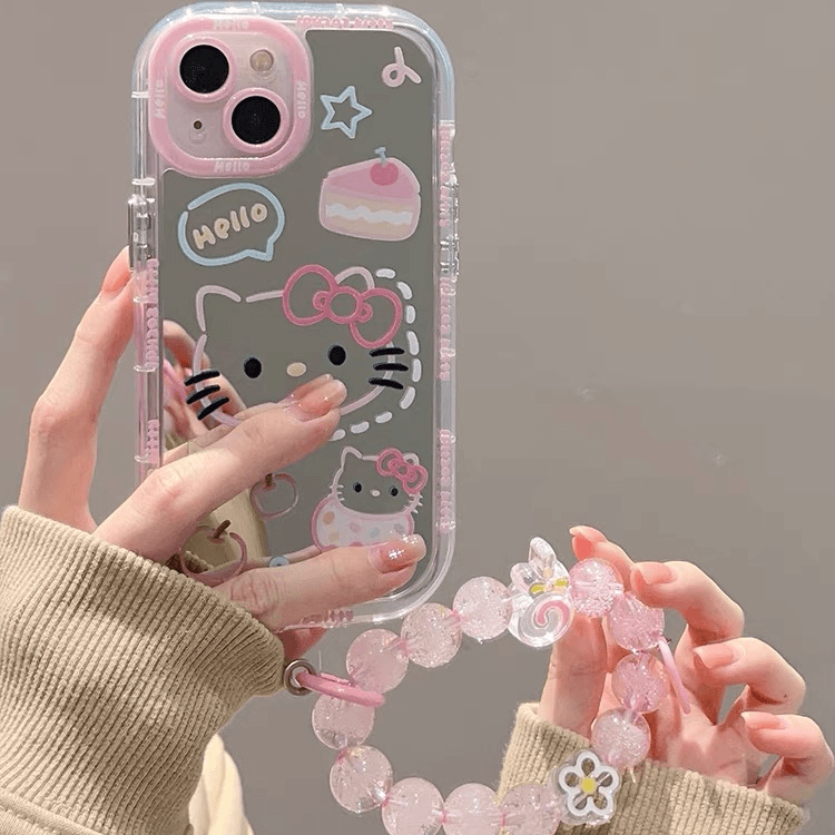 彩色涂鸦可爱线条Kitty镜面挂饰手机壳适用苹果华为OPPO/vivo小米
