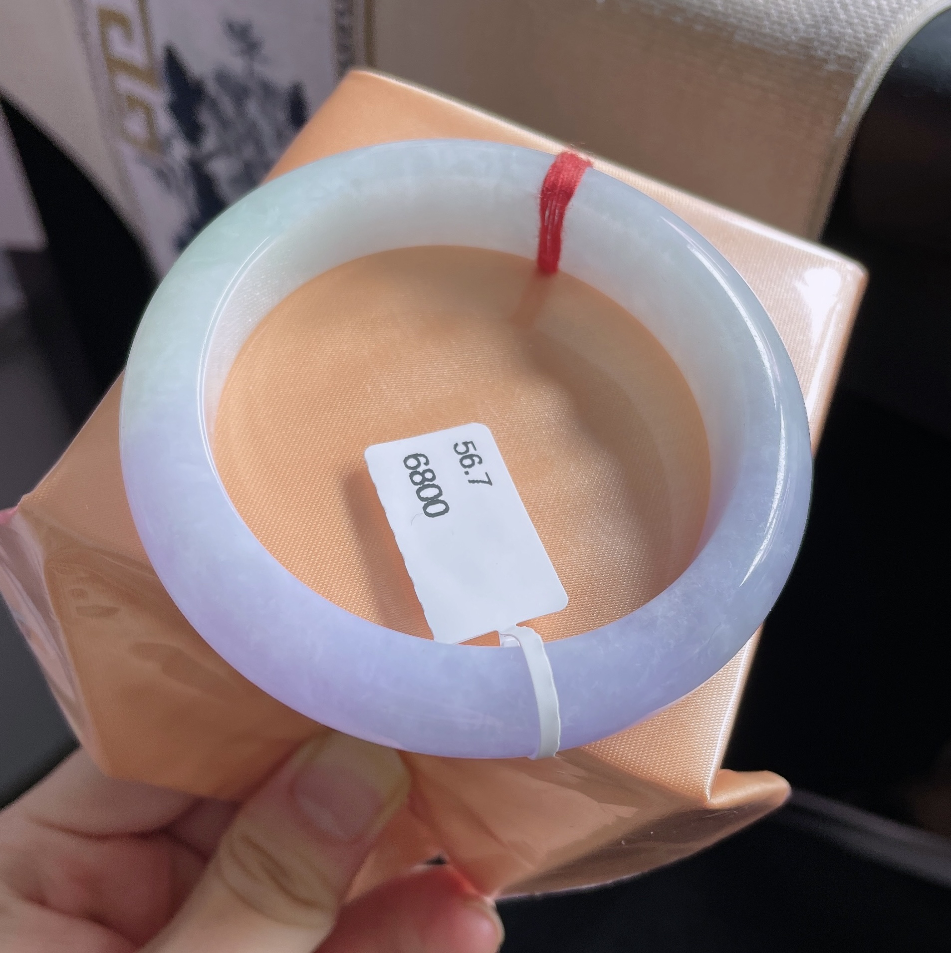 细糯种淡紫淡绿56.7圈正品天然缅甸翡翠A货手镯（有纹，不介意再拍）