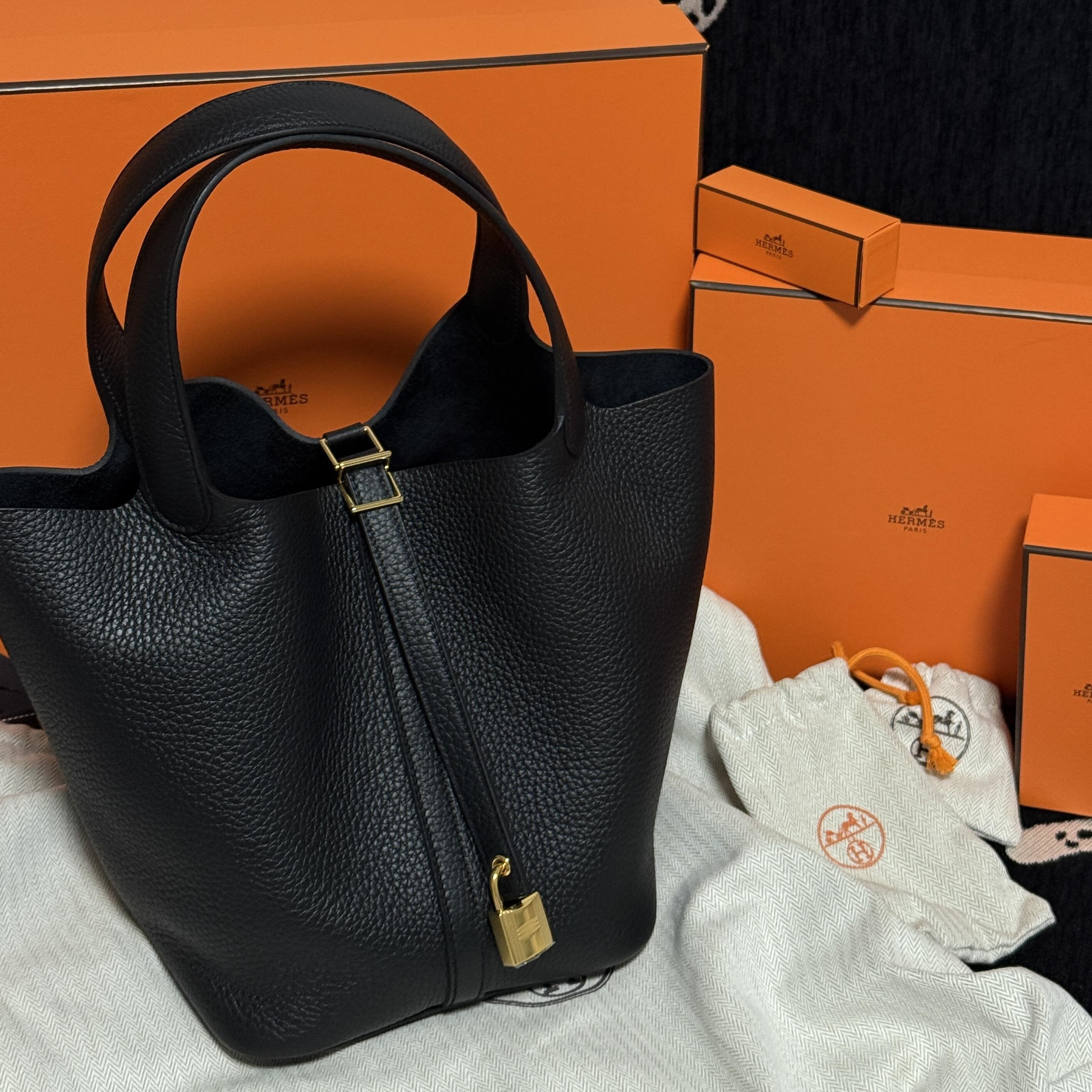 99新 Hermes/爱马仕 【老于包展】172 菜篮子22黑金扣tc皮c手提包