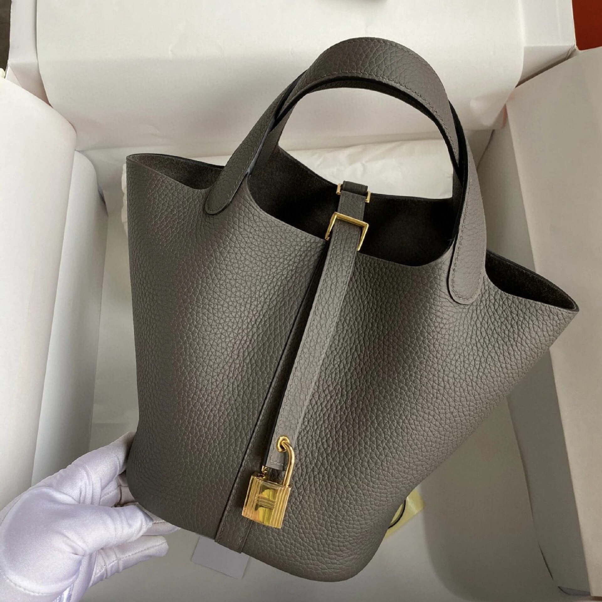 99新 Hermes/爱马仕 【老于】菜篮子22锡器灰金扣tc皮c手提包