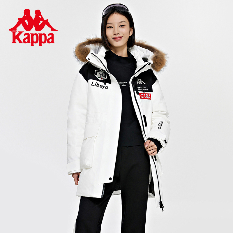 卡帕Kappa羽绒服新款女冬连帽保暖鹅绒防寒服刺绣撞色派K0D82YY41