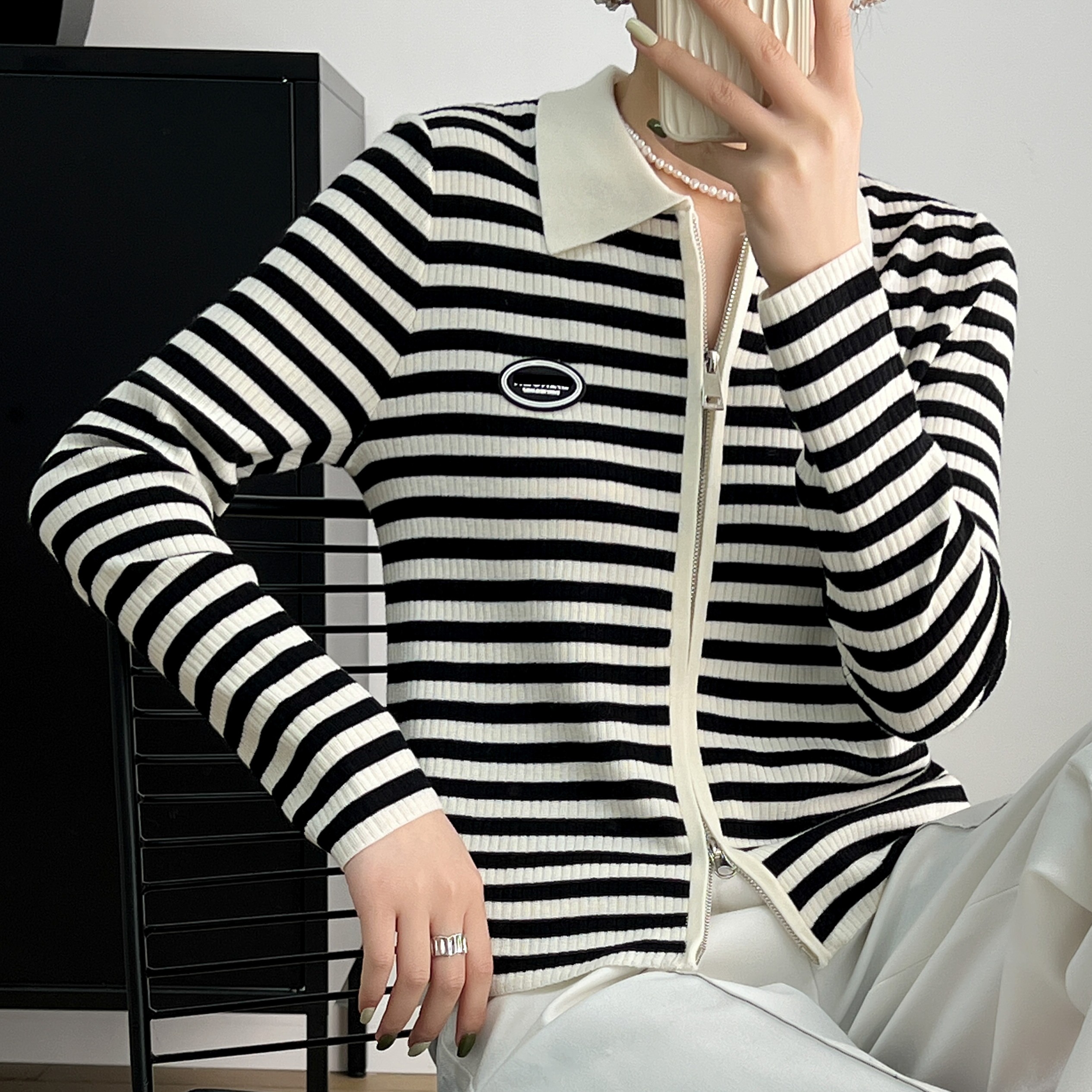 翻领双向拉链针织夹克修身显瘦 精纺羊毛 可定制 蛾眉妒