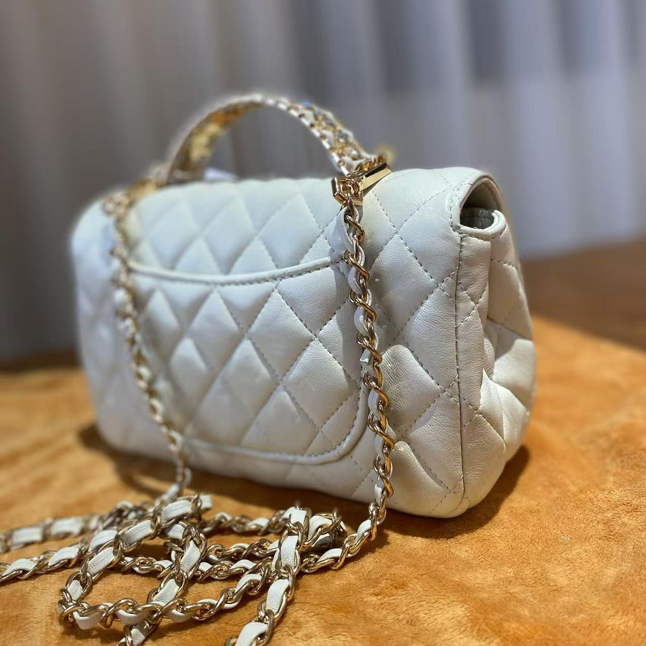 HIRMRIS手工真皮金扣包550153-2-米白 方手提钻香 20底长