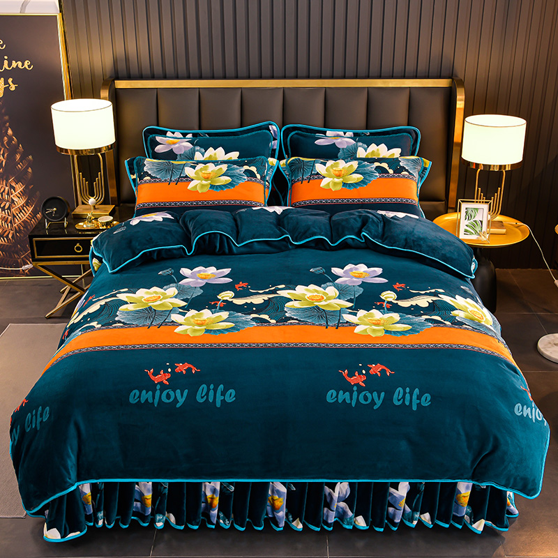 秋冬牛奶绒四件套双面绒印花被套床裙罩床被罩毛绒床单水晶绒床品