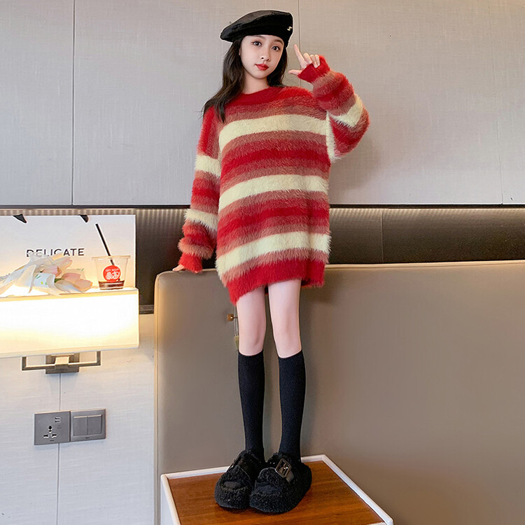 女童水貂绒毛衣裙秋冬款2023新款女大童装儿童洋气加厚针织连衣裙