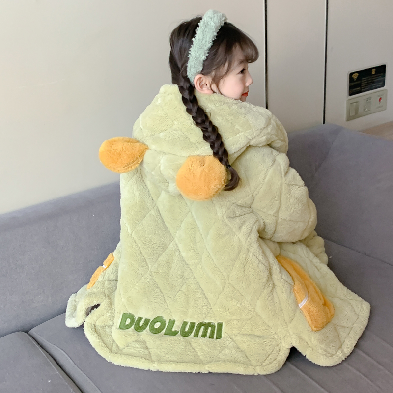 女童秋冬装睡衣2023新款儿童法兰绒三层夹棉加厚珊瑚绒保暖家居服