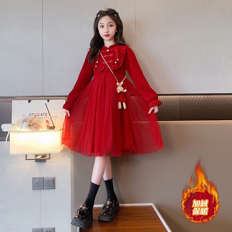 女童冬季加绒连衣裙红色新中式儿童加厚裙子节日新年拜年服中大童