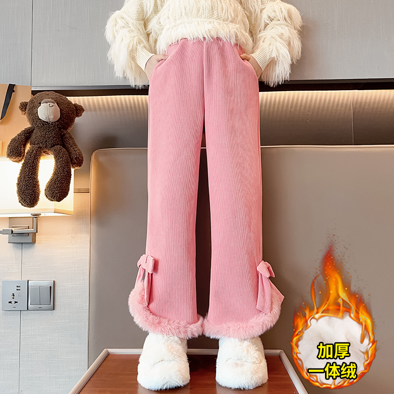 女童冬季加绒裤子儿童冬装直筒裤女大童秋冬款一体绒灯芯绒阔腿裤