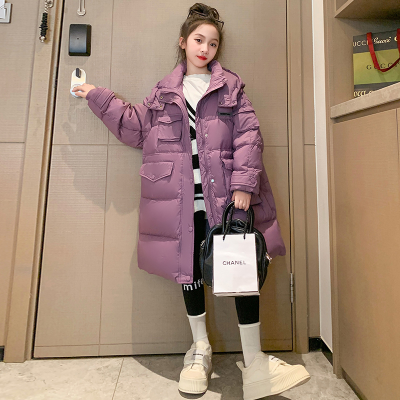 冬季过膝女童中长款羽绒服2023新款洋气女大童冬装90白鸭绒外套