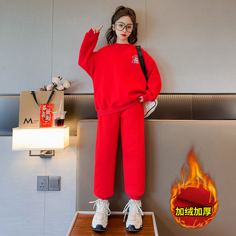 女童套装秋冬款2023新款中大童红色加绒加厚本命服儿童冬装新年服