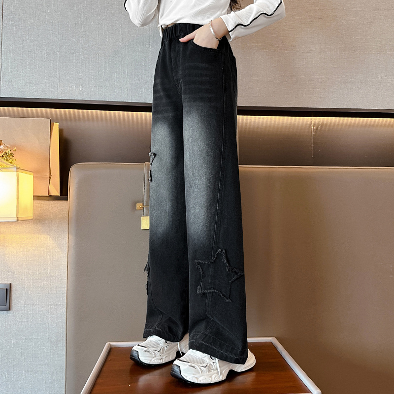 女童阔腿裤大码春秋显瘦高腰宽松直筒牛仔裤春款黑色洋气儿童裤子
