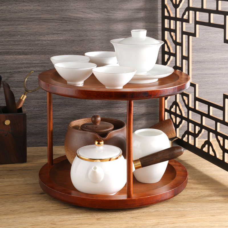 618专享胡桃木色双层旋转架零食收纳盘化妆品桌面置物创意家用